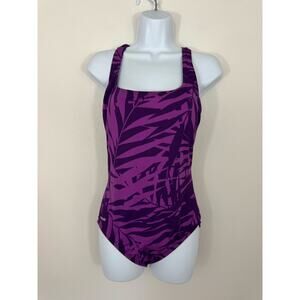 Vintage Speedo Purple Leaf Print One Piece Swimsuit Size 14